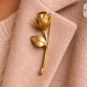 Gold Rose Stem Brooch - Elegant Women Jewelry